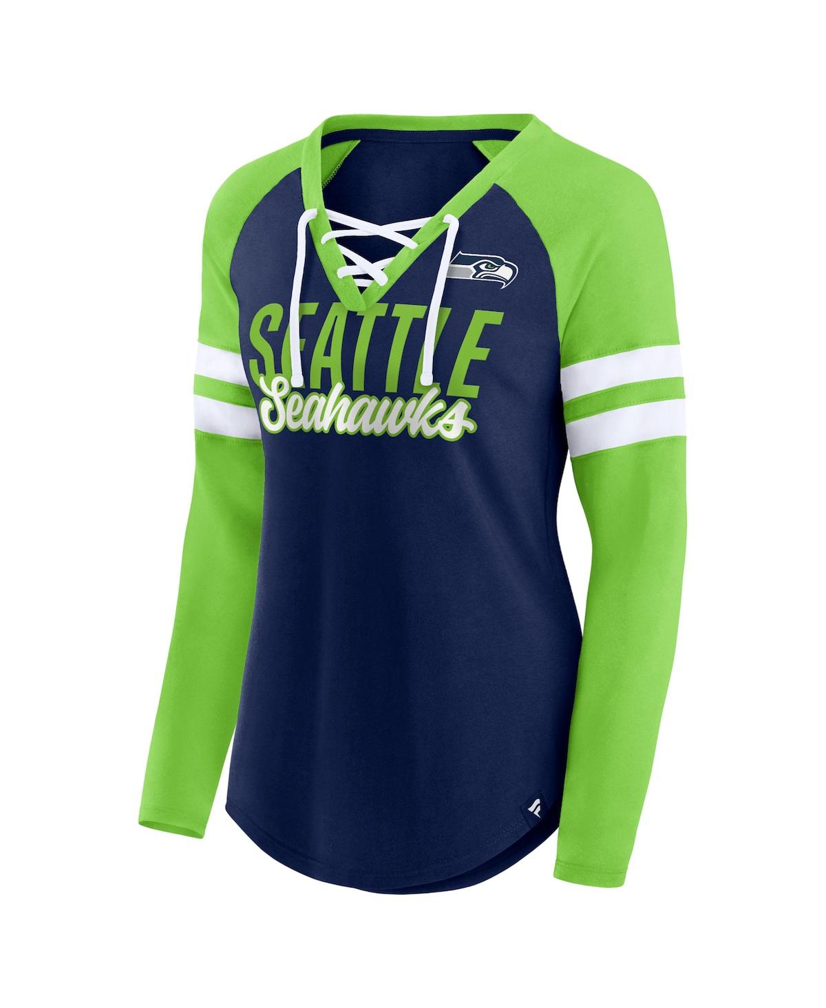 Shop Fanatics Women's  College Navy, Neon Green Seattle Seahawks True To Form Raglan Lace-up V-neck Long S In Navy,neon Green