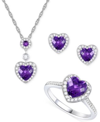 3-Pc. Set Garnet: (4 ct. t.w.) & Lab-Grown White Sapphire (3/4 ct. t.w.)Amethyst (3-1/3 ct. t.w.) Heart Pendant Necklace, Ring, & Stud Earrings in Sterling Silver (Also in Additional Gemstones)