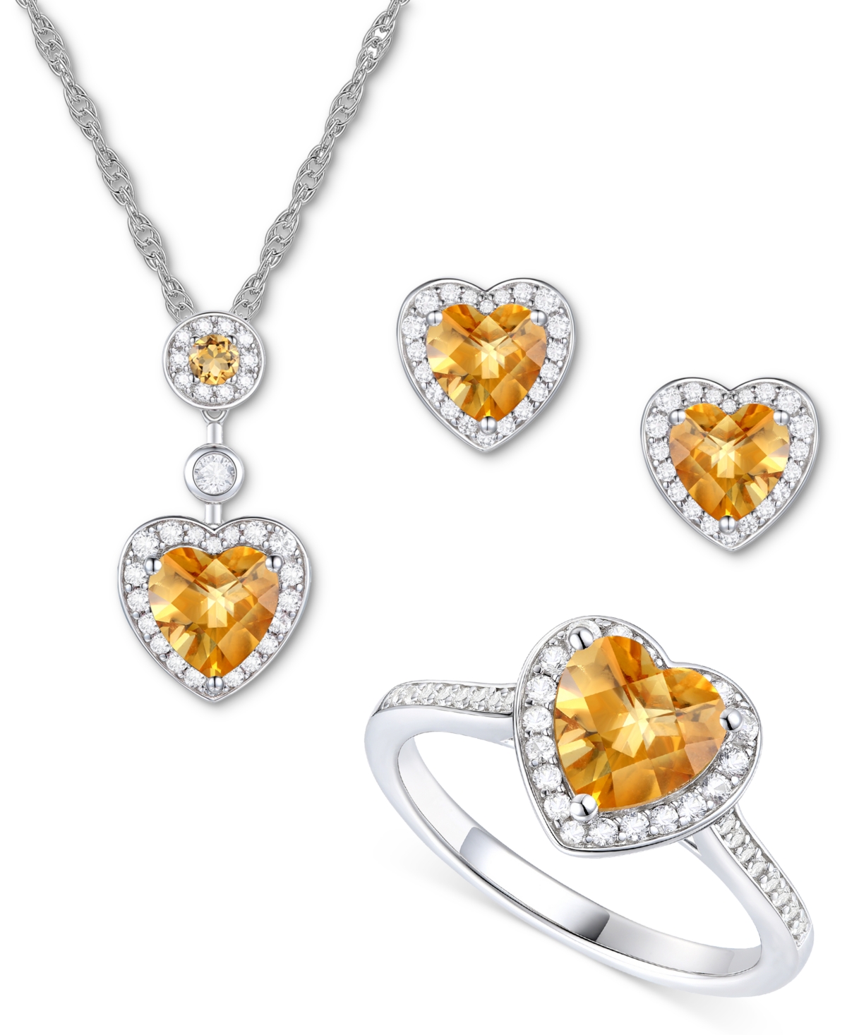 Macy's 3-pc. Set Amethyst (3-1/3 Ct. T.w.) & Lab-grown White Sapphire (3/4 Ct. T.w.) Heart Pendant Necklace In Citrine