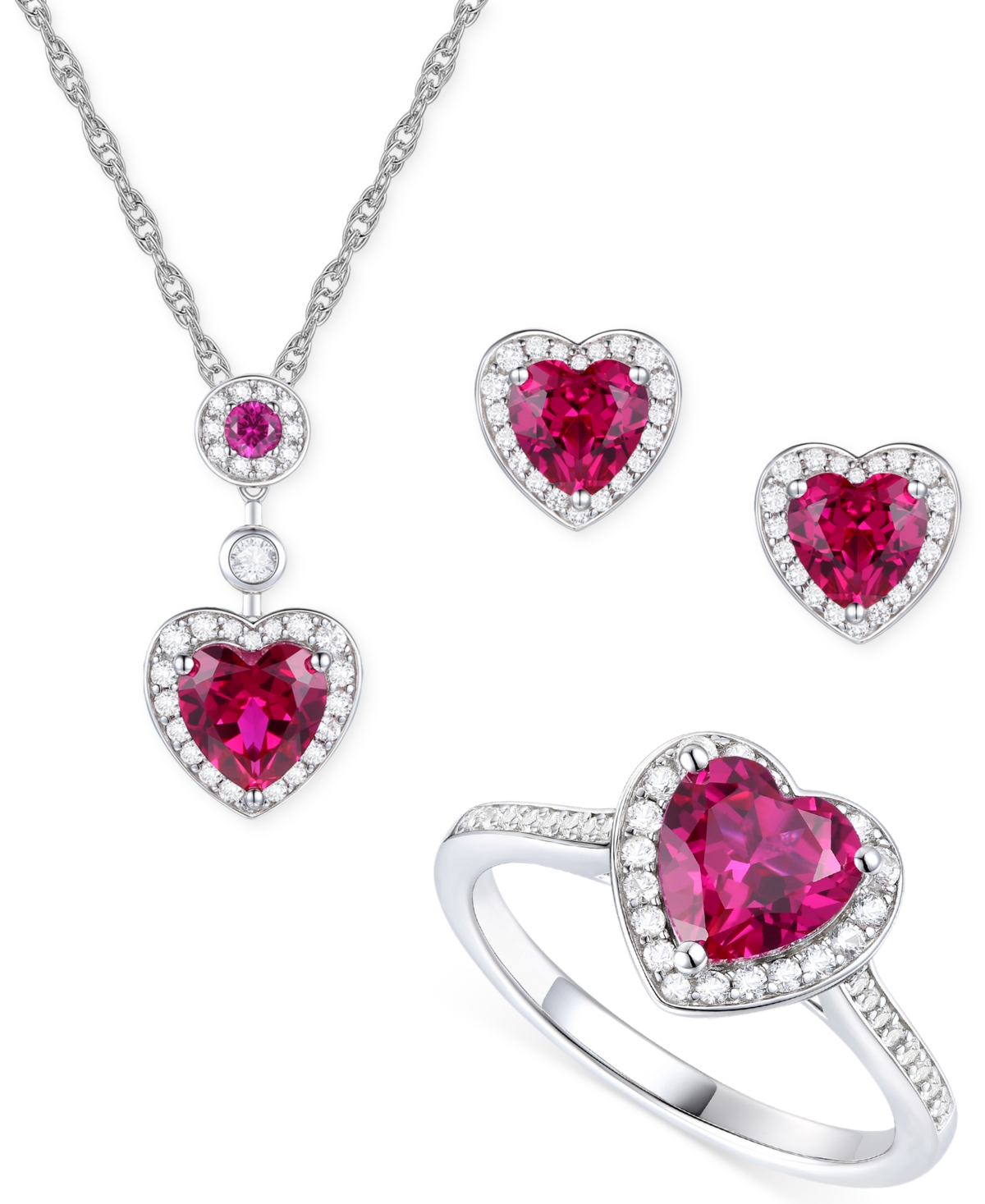 Macy's 3-pc. Set Amethyst (3-1/3 Ct. T.w.) & Lab-grown White Sapphire (3/4 Ct. T.w.) Heart Pendant Necklace In Ruby