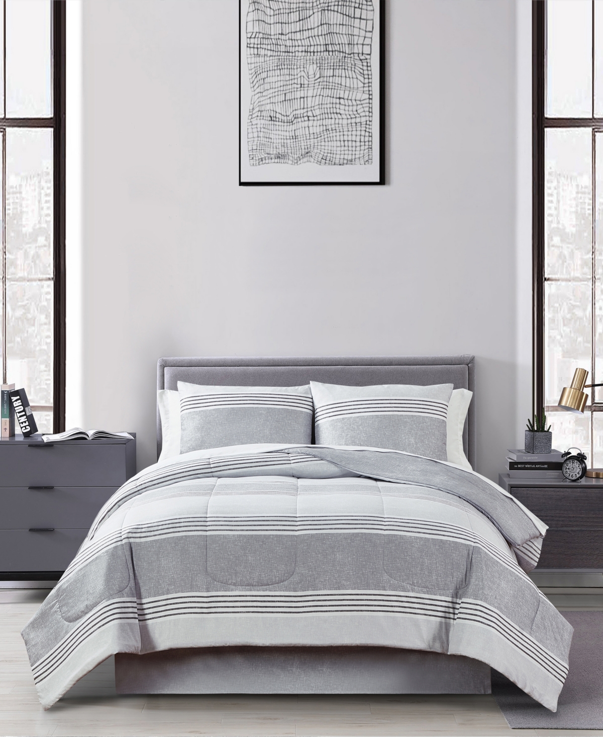 Keeco Douglas Stripe Greyscale 8 Piece Reversible Comforter Sets Bedding