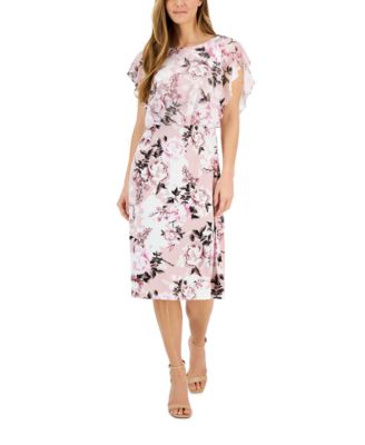 Connected - Petite Printed Flutter-Sleeve Popover Midi Dress