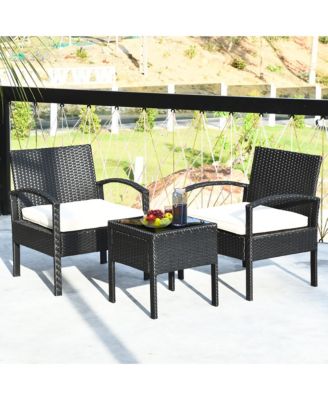 3PCS Patio Rattan Furniture Set Table & Chairs Set with Cushions