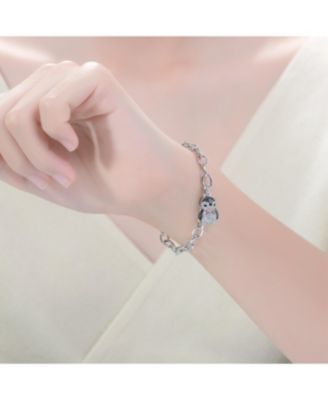 White Gold Plated with Red, Black and White Cubic Zirconia Bird Charm Bracelet in Sterling Silver