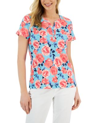 Karen Scott - Petite Fleur Beauty Henley Top, Created for Macy's
