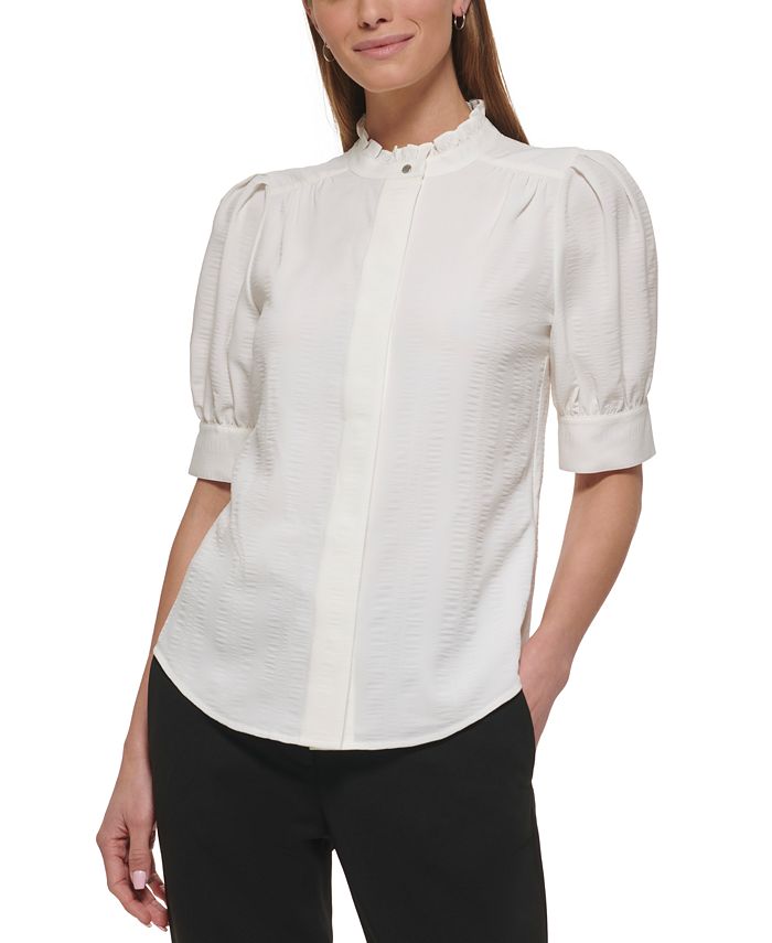 DKNY Petite Solid Ruffled MockNeck ElbowSleeve Blouse Macy's