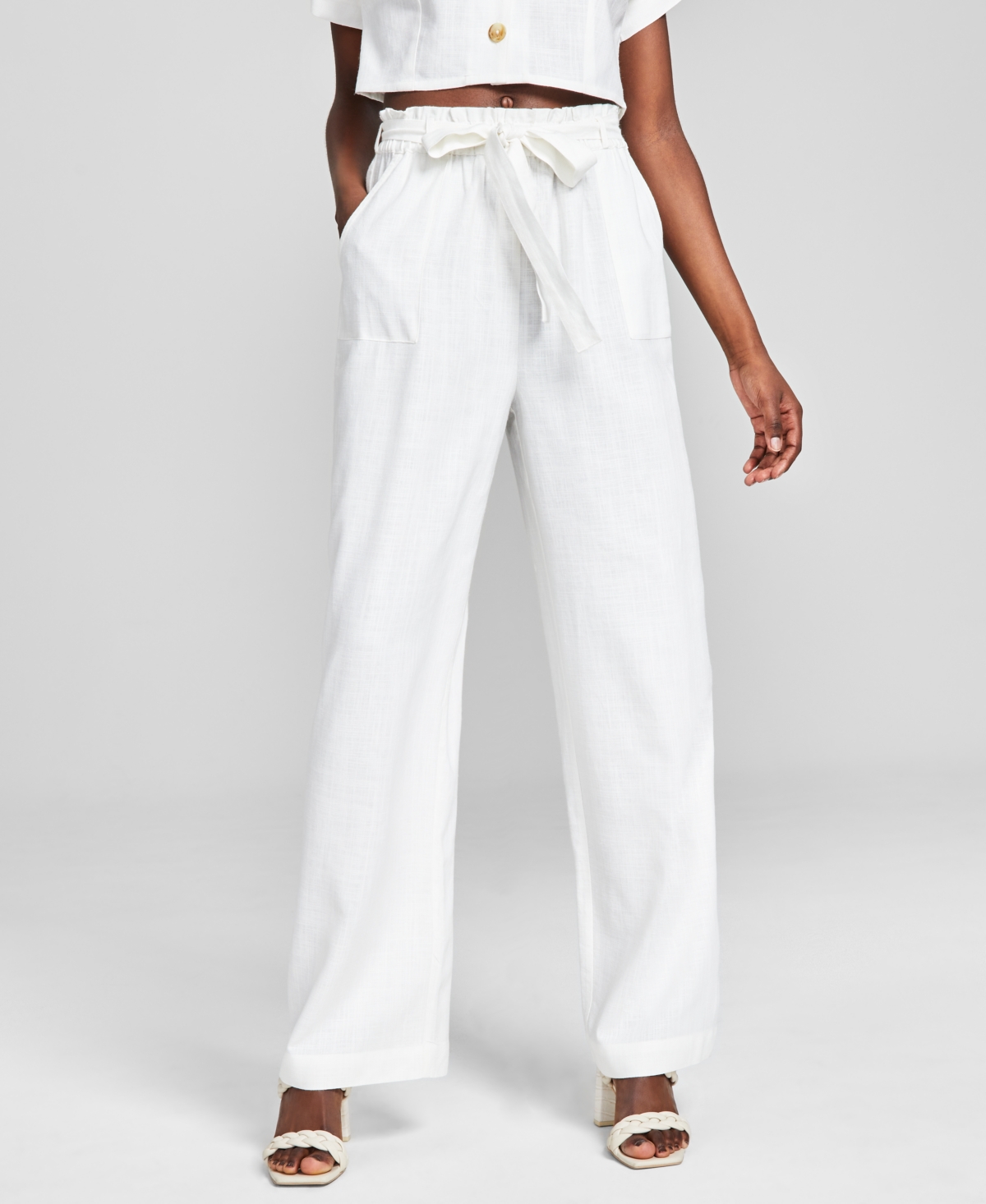 And Now This Women's Linen Blend Paperbag Pants In White