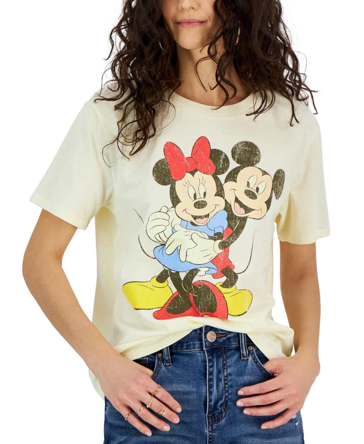 Disney Juniors' Mickey & Minnie Short-sleeve Crewneck Graphic T-shirt In Lemon Icing
