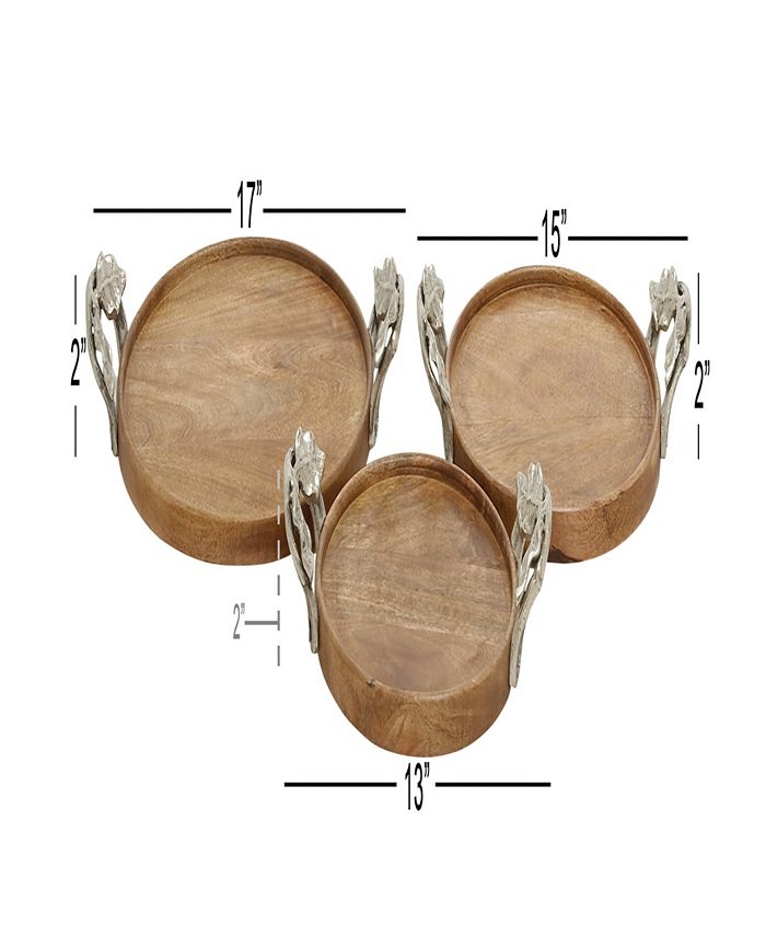 Rosemary Lane Mango Wood Tray with Metal Handles, Set of 3, 13", 15