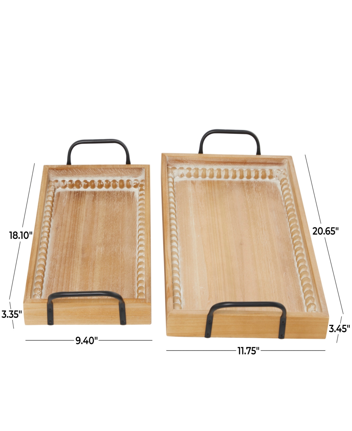Rosemary Lane Wood Carved Beaded Tray with Metal Handles, Set of 2, 21