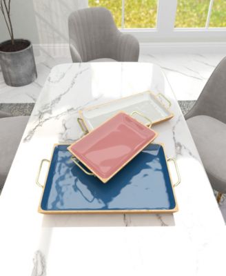 Multi Colored Mango Wood Tray with Enamel Interior, Set of 3, 24", 18", 15" W