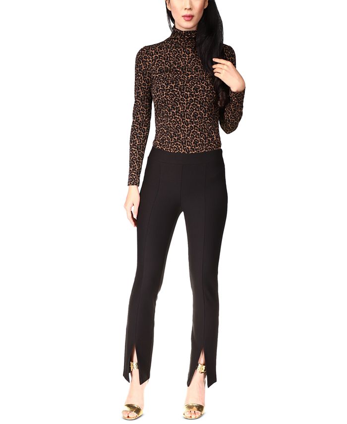 Michael Kors Women's Solid And Chain Print High Slit Pull On Pants Black Size Petite X-Small