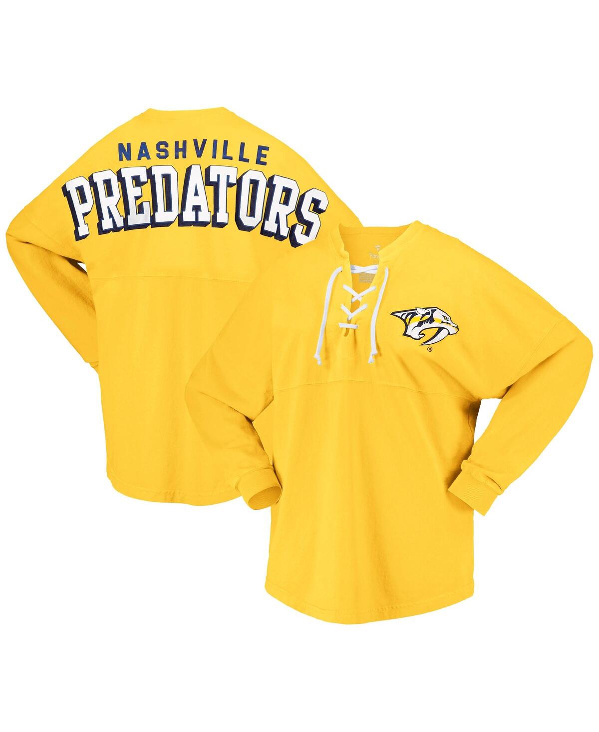 Shop Fanatics Women's  Gold Nashville Predators Spirit Lace-up V-neck Long Sleeve Jersey T-shirt
