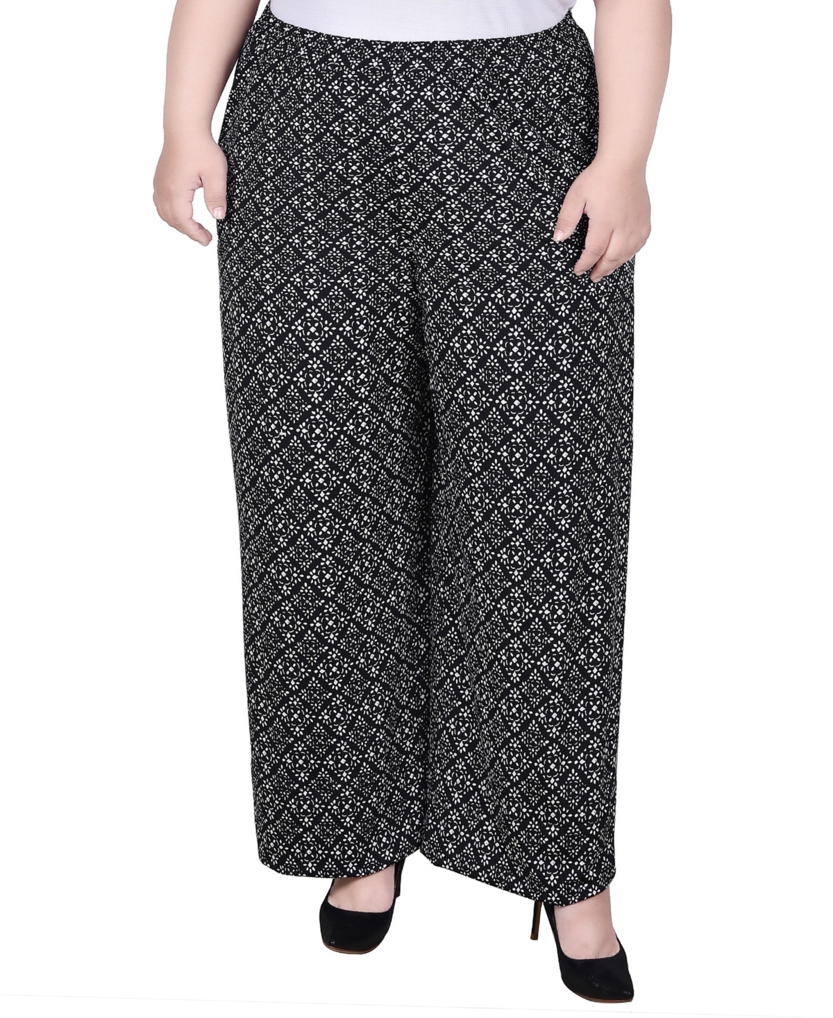 Ny Collection Plus Size Wide Leg Pull On Pants In Black White Geo