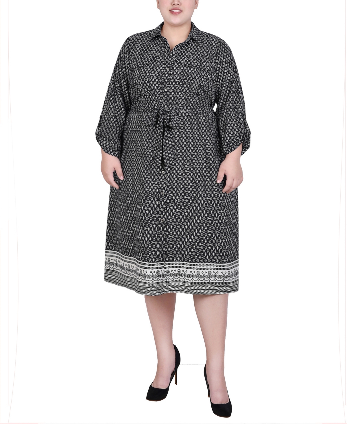 Ny Collection Plus Size 3/4 Roll Tab Sleeve Belted Shirtdress In Black Border