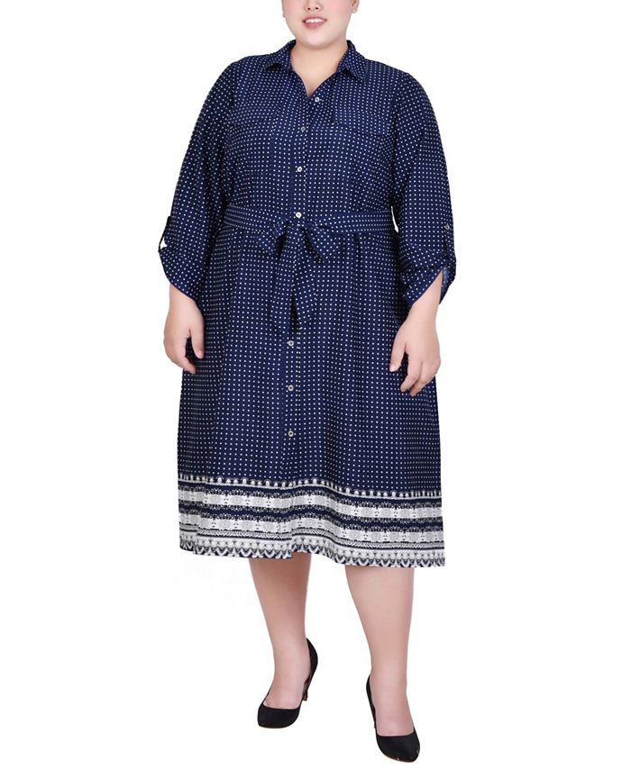 Black 3/4 Slv Roll Tab Shirtdress - Plus Size