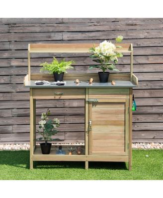 Outdoor Potting Bench Garden Wooden Work Station Metal Tabletop Cabinet Drawer