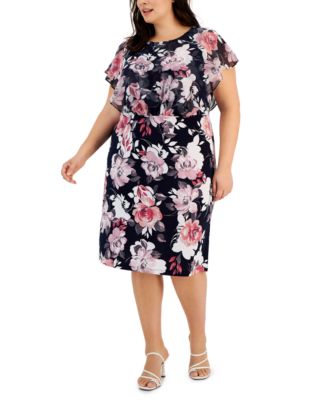 Connected - Plus Size Floral-Print Flutter-Sleeve Midi Dress
