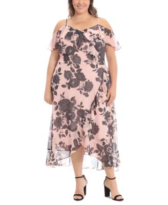 London Times - Plus Size Printed Cold-Shoulder Ruffled Dress