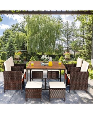 9PCS Patio Rattan Dining Set Cushioned Chairs Ottoman Wood Table Top