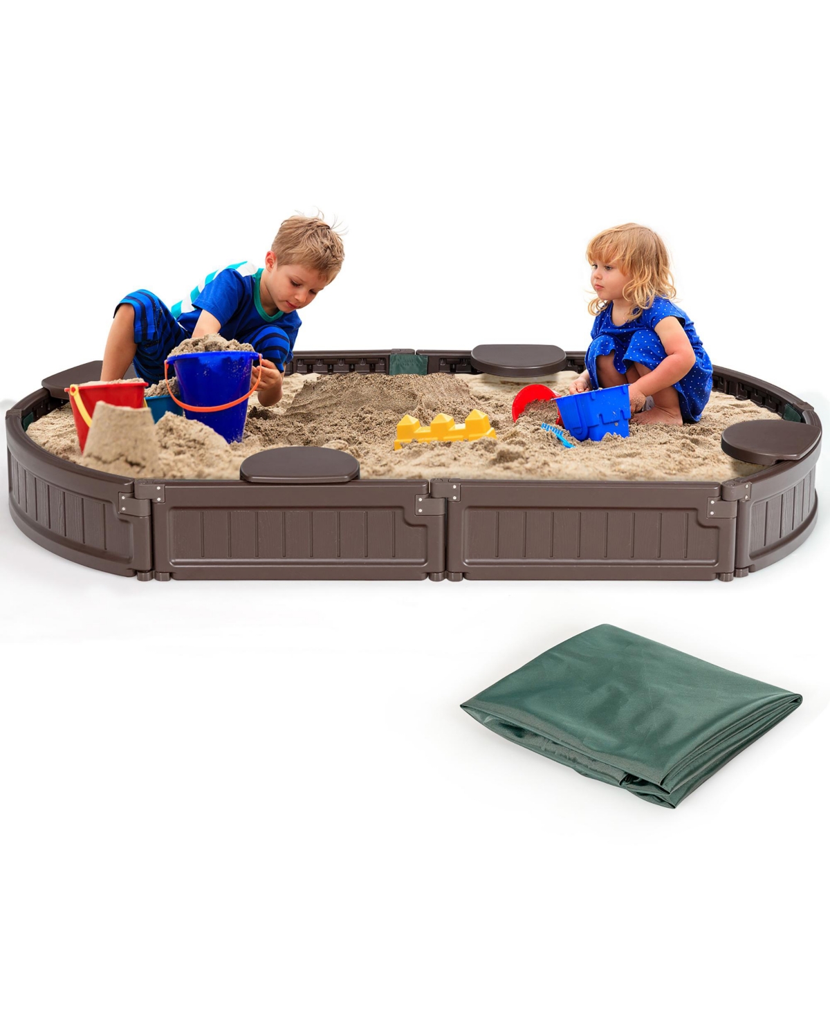 6F Wooden Sandbox w/Built-in Corner Seat, Cover, Bottom Liner for Outdoor Play - Brown