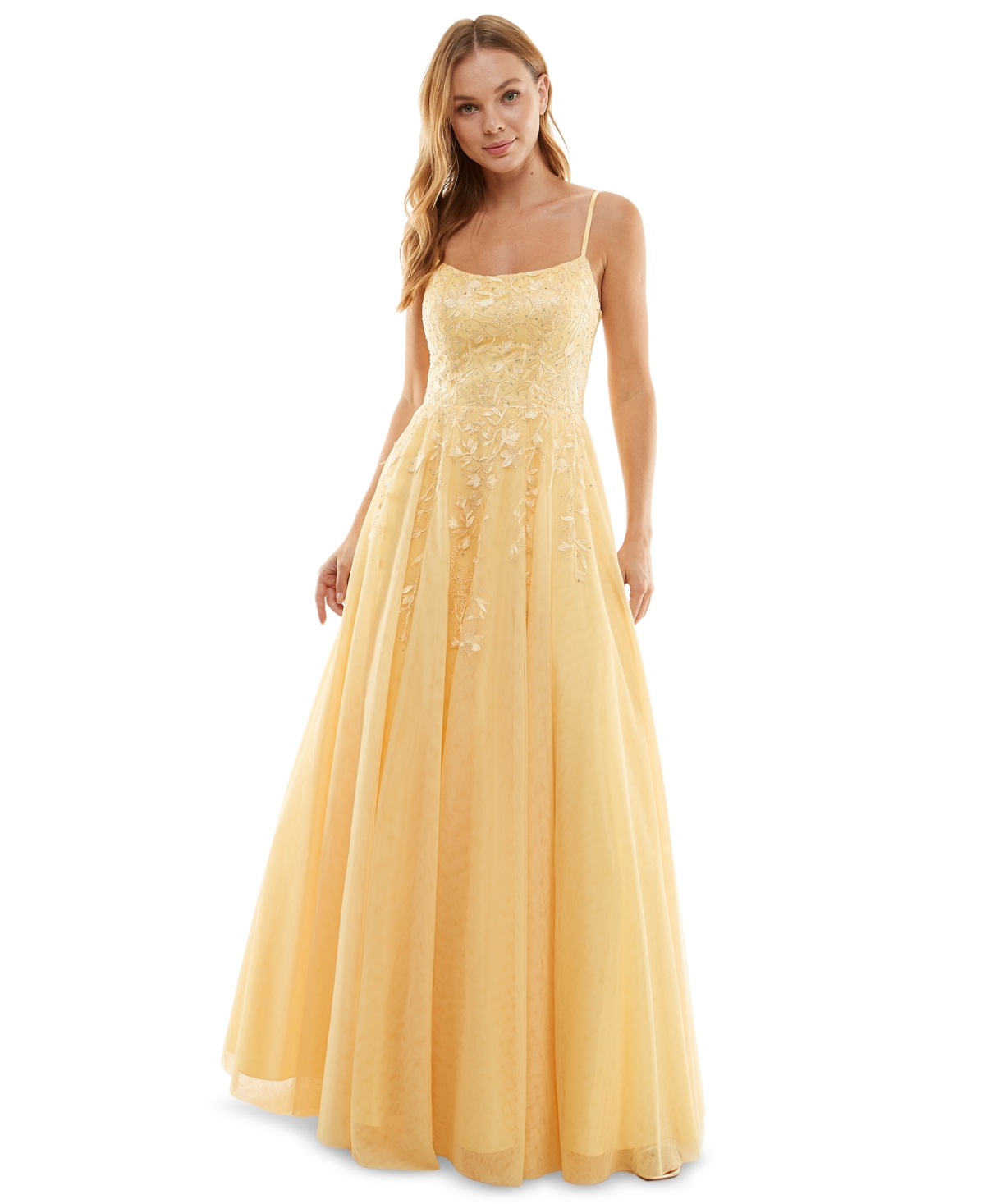 Say Yes To The Prom Juniors' Embellished Lace-up Mesh Gown, Created For Macy's In Lemon
