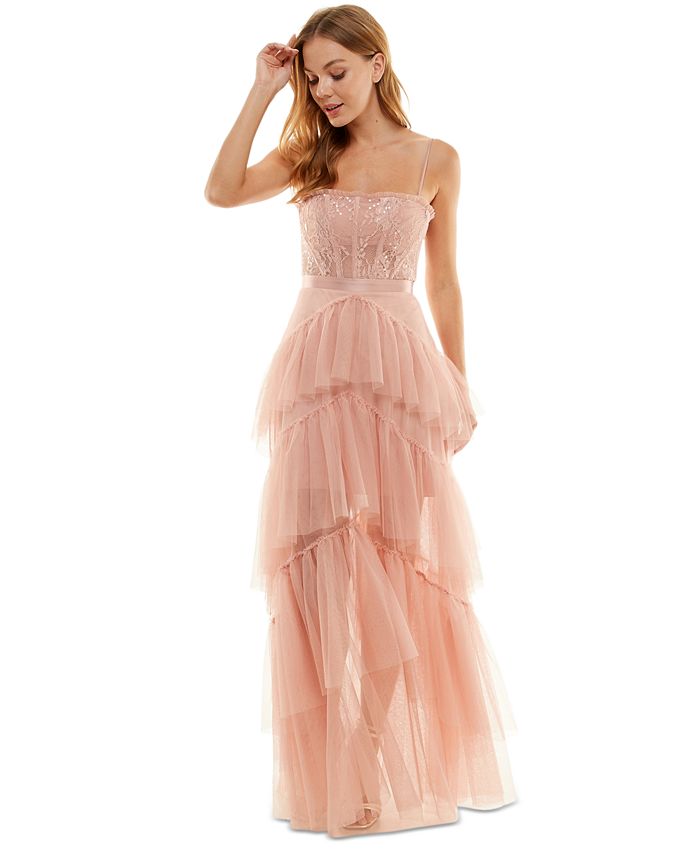 City Studios - Juniors' Strapless Tiered Mesh Gown