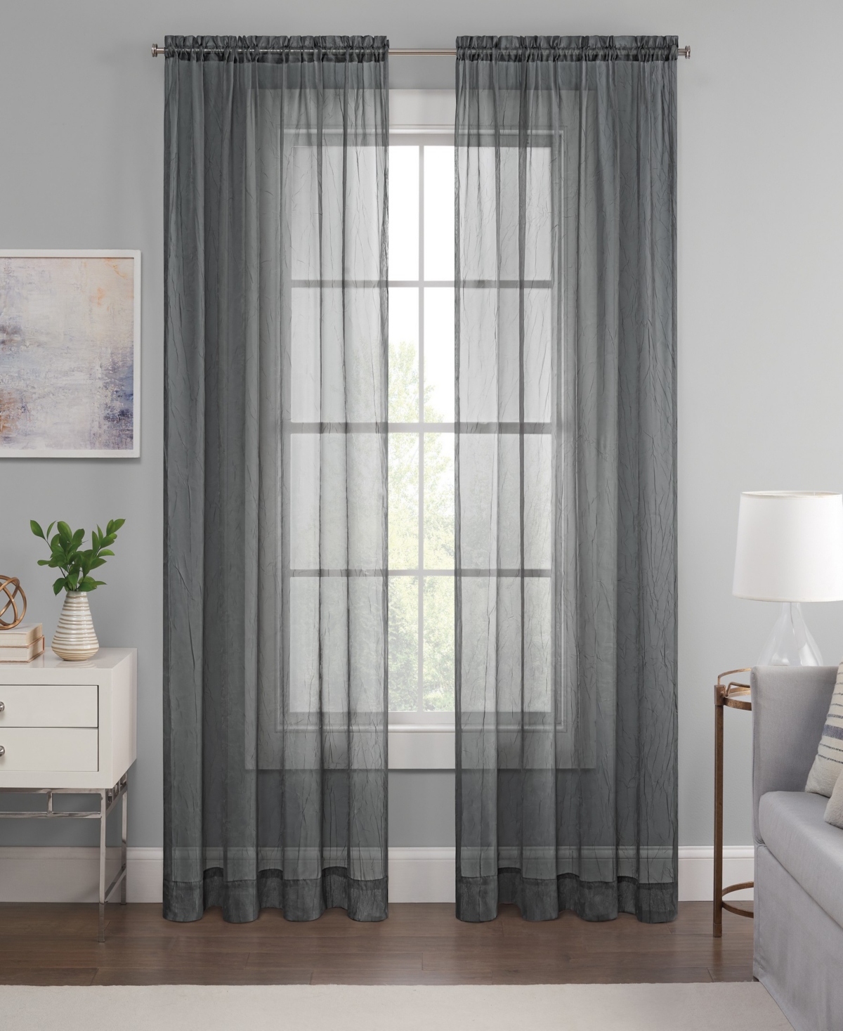 Eclipse Emina Crushed Sheer Voile Rod Pocket Curtain Panel, 52" X 95" In Gray