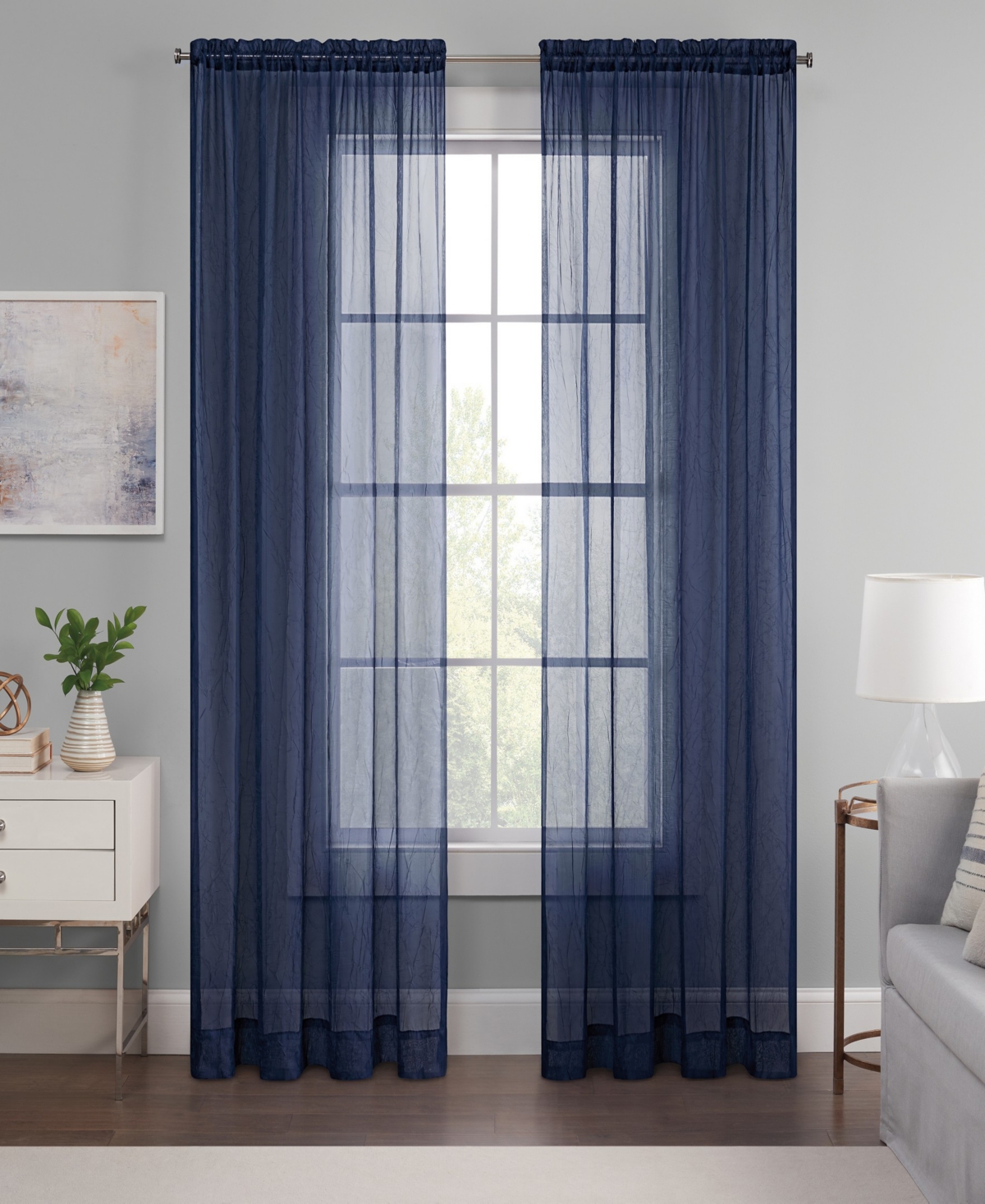 Eclipse Emina Crushed Sheer Voile Rod Pocket Curtain Panel, 52" X 95" In Navy