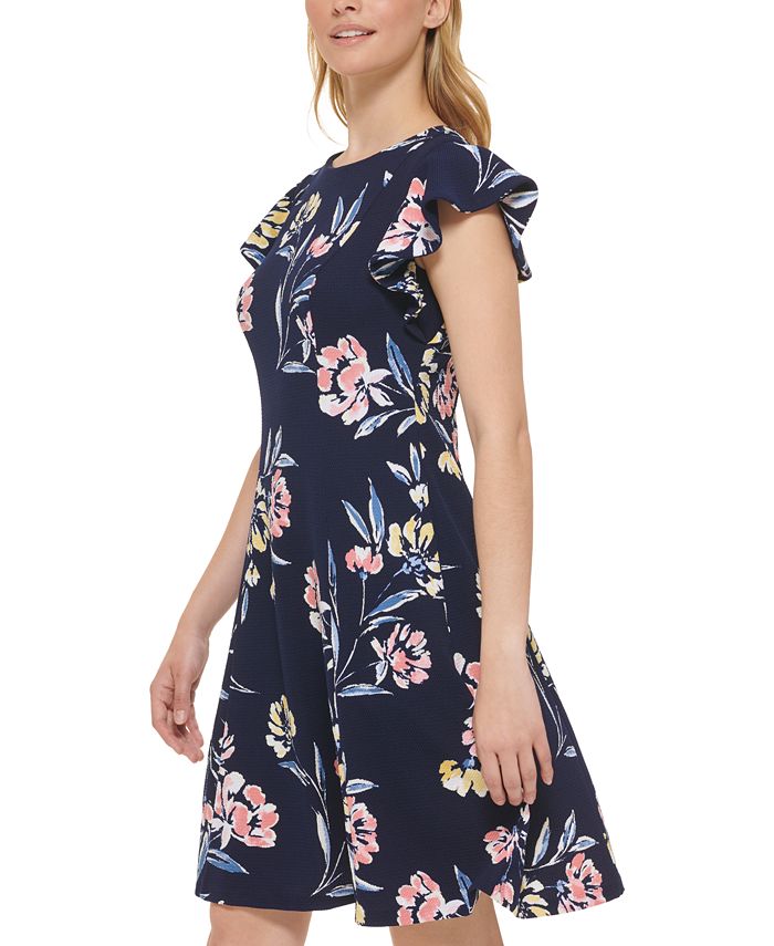 Jessica Howard Women's Petite Printed Scuba Fit & Flare Dress - Blue Multi, Sleeveless Casual Dress