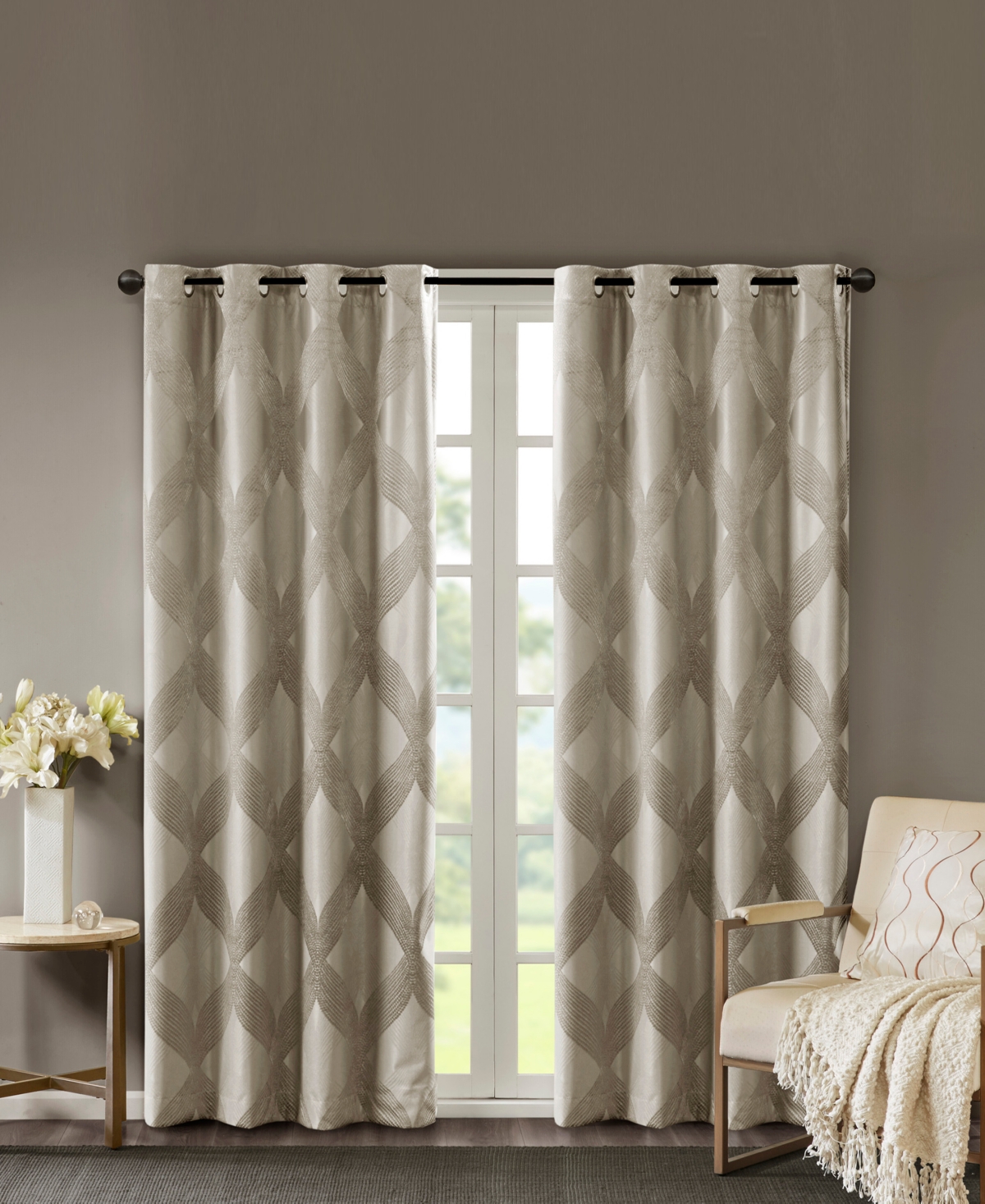 Bentley Ogee Knitted Jacquard Total Blackout Curtain Panel, 50"W x 95"L - Taupe
