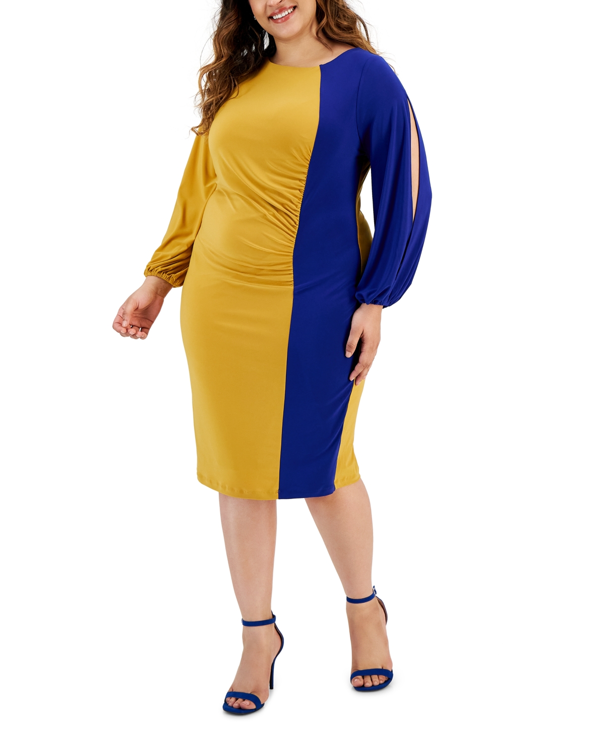 Kasper Plus Size Quinn Long-sleeve Ruched Colorblocked Sheath Dress In  Gold/royal Blue