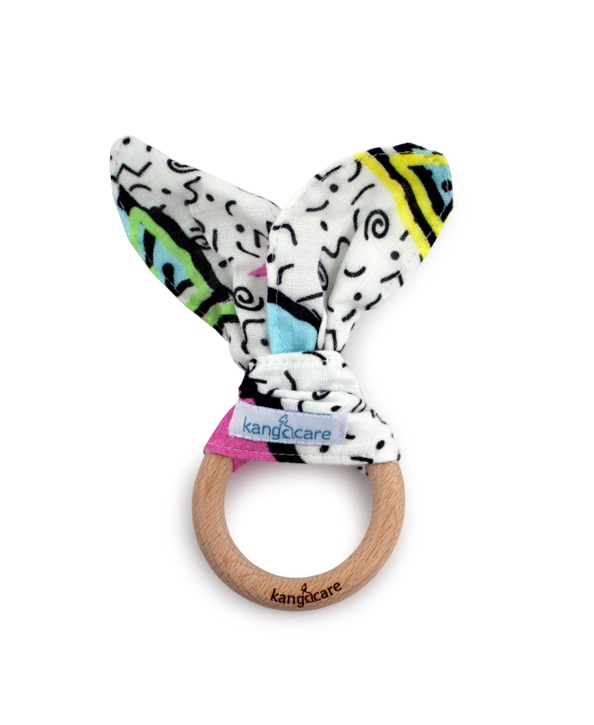 Kanga Care Baby Muslin Crinkle Bunny Ear Wood Teething Ring In Radical