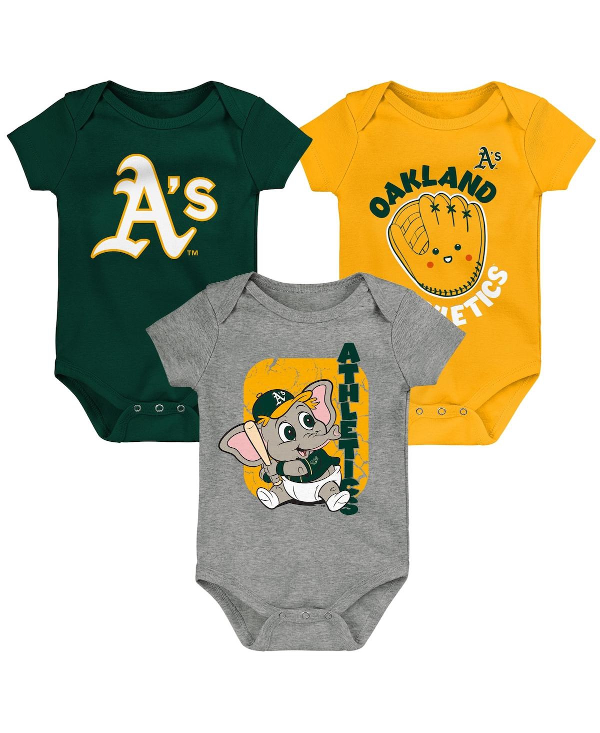Shop Outerstuff Newborn And Infant Boys And Girls Green, Gold, Gray Oakland Athletics Change Up 3-pack Bodysuit Set In Green,gold,gray