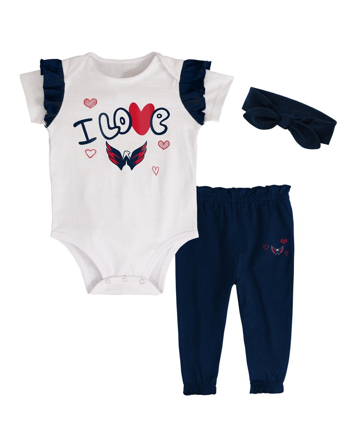 Shop Outerstuff Infant Girls White And Navy Washington Capitals I Love Hockey Bodysuit Pants And Headband Set In White,navy