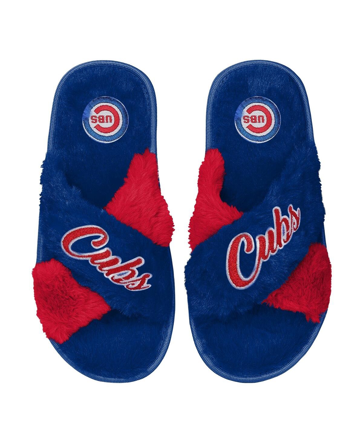 FOCO WOMEN'S FOCO ROYAL CHICAGO CUBS TWO-TONE CROSSOVER FAUX FUR SLIDE SLIPPERS