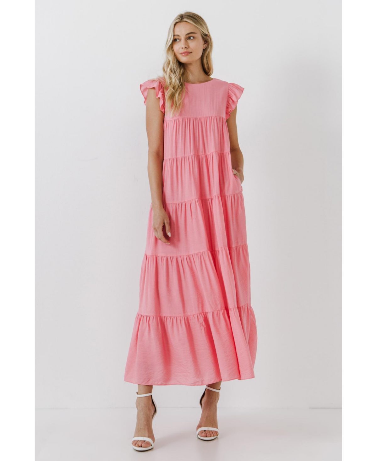 English Factory Flutter Sleeve Colorblock Cotton Midi Dress In Rose