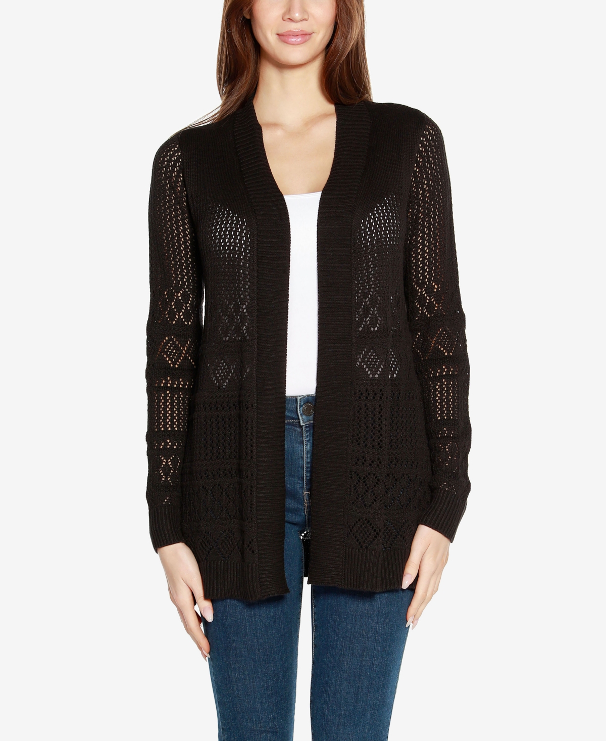 Belldini Plus Size Pointelle Long Sleeves Open Cardigan Sweater In Black