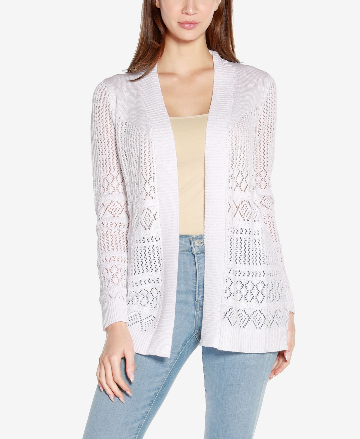 Belldini Plus Size Pointelle Long Sleeves Open Cardigan Sweater In White
