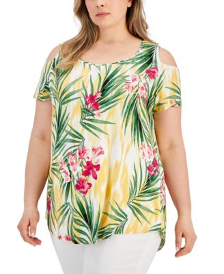 JM Collection - Plus Size Foliage Trop Scoop-Neck Top