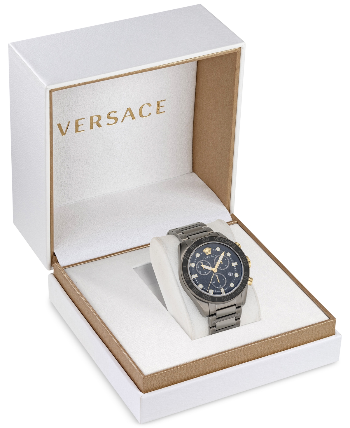 Shop Versace Men's Swiss Chronograph Greca Dome Gunmetal Ion Plated Bracelet Watch 43mm In Ip Gunmetal