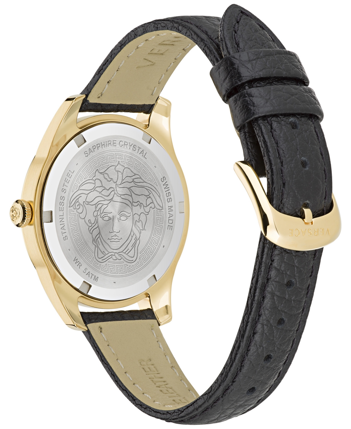Versace Women's Swiss Greca Time Black Leather Strap Watch 35mm In Ip Yellow Gold