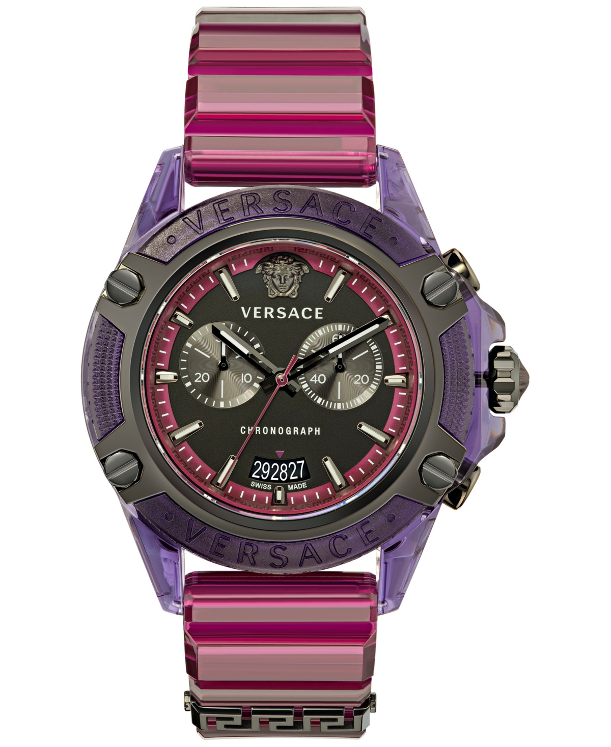VERSACE MEN'S SWISS CHRONOGRAPH ICON ACTIVE TRANSPARENT PURPLE SILICONE STRAP WATCH 44MM