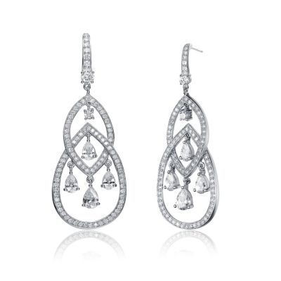 Cubic Zirconia Sterling Silver Double Teardrop Chandelier Earrings