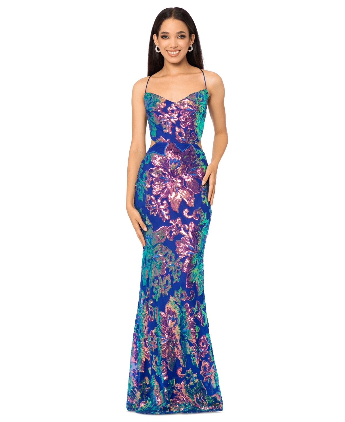 Blondie Nites Juniors' Strappy-Back Sequined Evening Gown