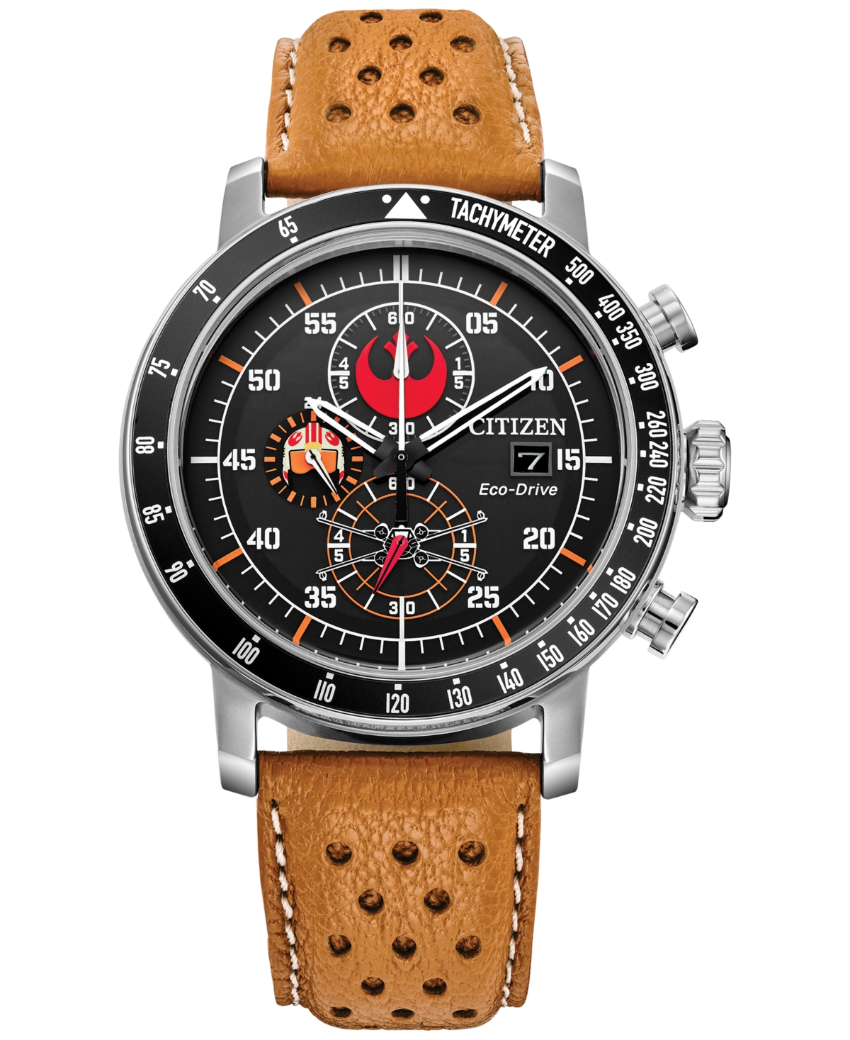 Citizen Eco-drive Men's Chronograph Star Wars Rebel Pilot Orange Perforated Leather Strap Watch 44mm In Black
