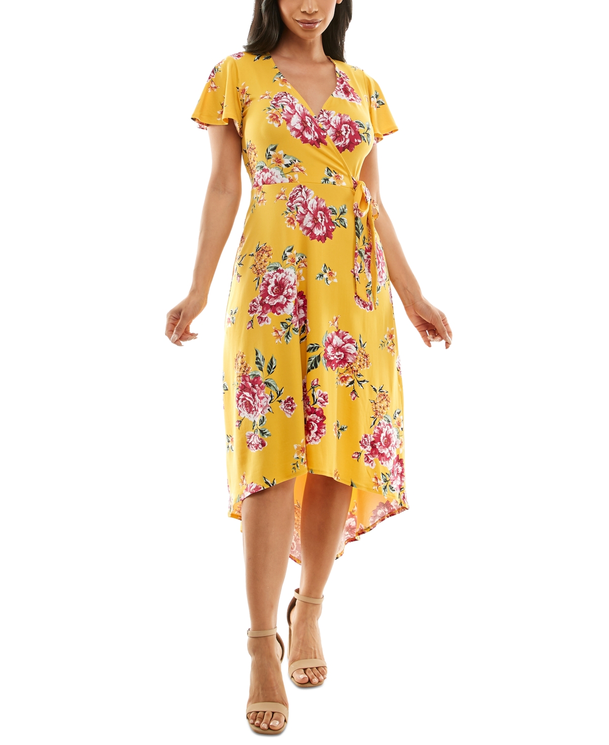 Bcx Juniors' Floral-Print Surplice High-Low Fit & Flare Dress