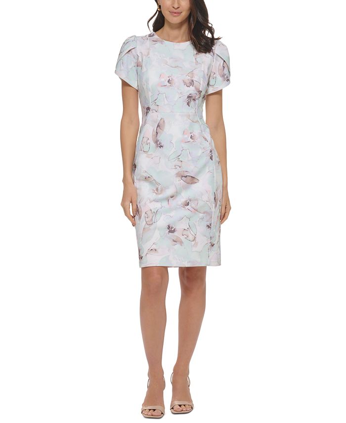 Calvin Klein Women's Tulip-Sleeve Printed Sheath Dress - Macy's
