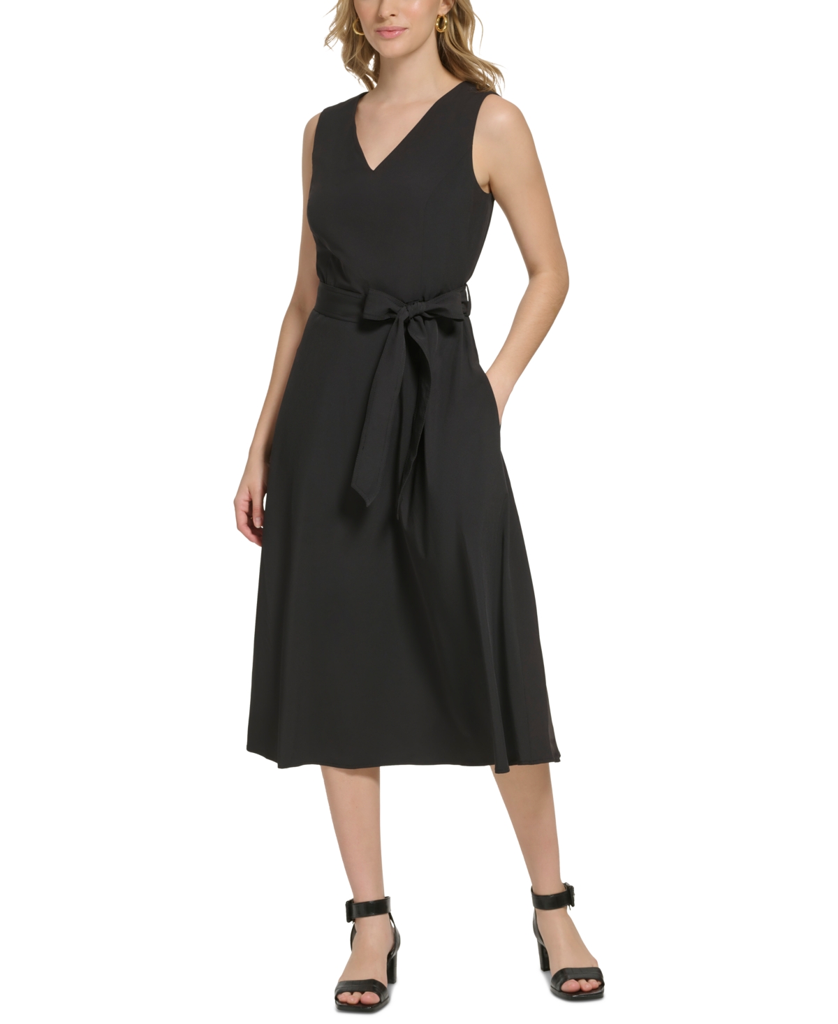 Calvin Klein Commuter V-neck Belted Midi Dress In Black | ModeSens