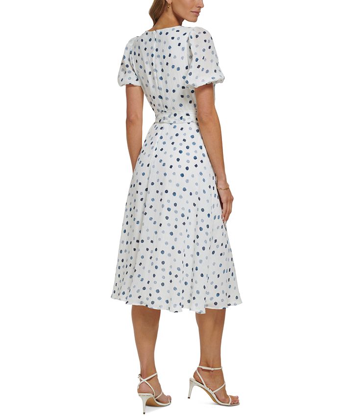 3XL 4XL Vintage Dresses for Women Square Neck Puff Sleeve Belted Polka Dot Print Blue Elegant 50s Pinup Midi Dress
